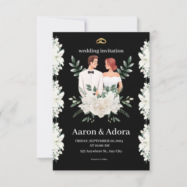 Simple black and green floral wedding invitation (Front)