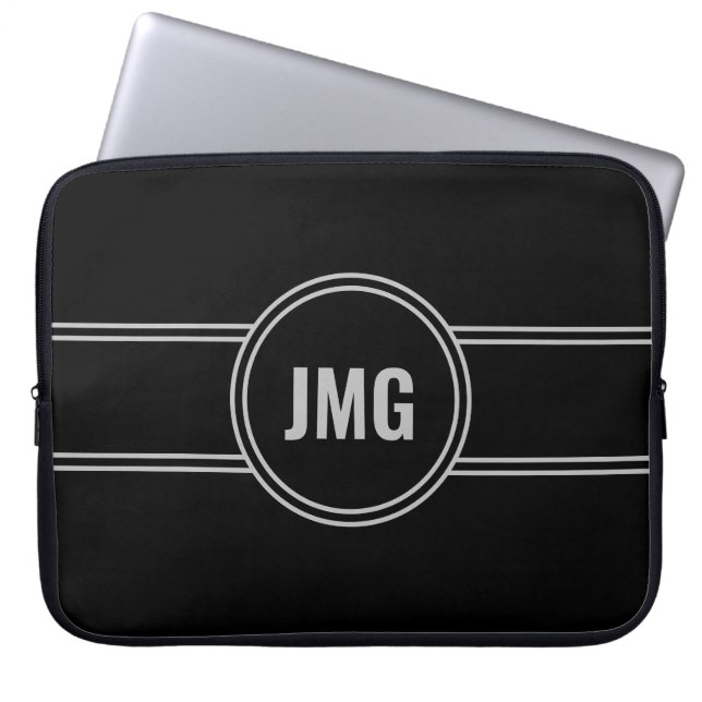 Simple Black and Silver Monogram Laptop Sleeve (Front)
