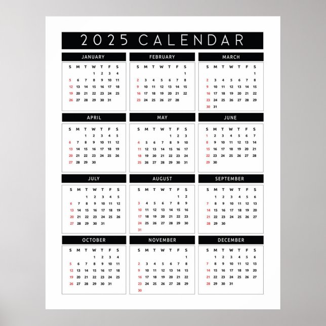 Simple black and white 2025 Calendar Poster (Front)