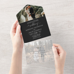 Simple Black and White 2 Photo RSVP Wedding All In One Invitation