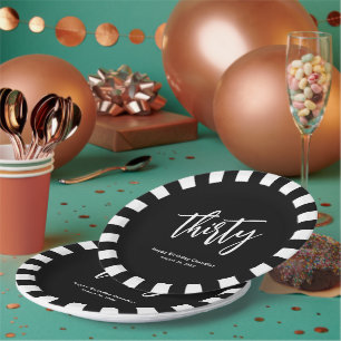 Simple Black and White 30th Birthday Party Paper Plate