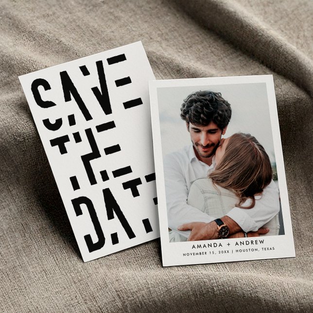 Simple Black and White 70s Retro Stripes Wedding Save The Date (Front / Back)