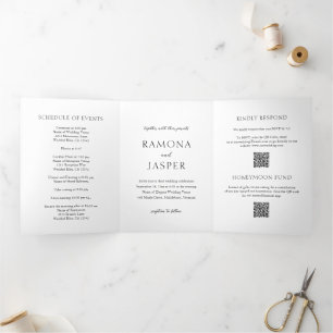 Simple Black and White Bold QR Code Modern Wedding Tri-Fold Invitation