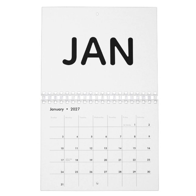 Simple Black and White Bold Typography Calendar (Jan 2027)
