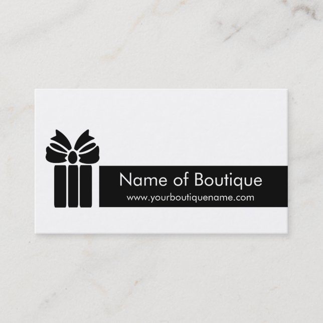 Simple Black and White Boutique With Box and Bow Business Card (Front)