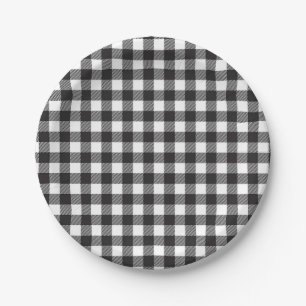 Simple Black and White Buffalo Plaid Check Pattern Paper Plate