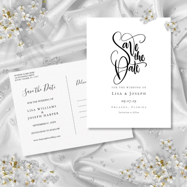 Simple Black and White Calligraphy Save the Date Postcard (Simple Black and White Calligraphy Save the Date Postcard)