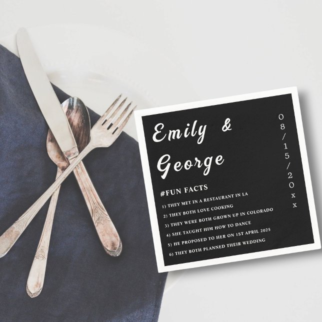 Simple Black And White Chic Fun Facts Wedding Napkin (Creator Uploaded)