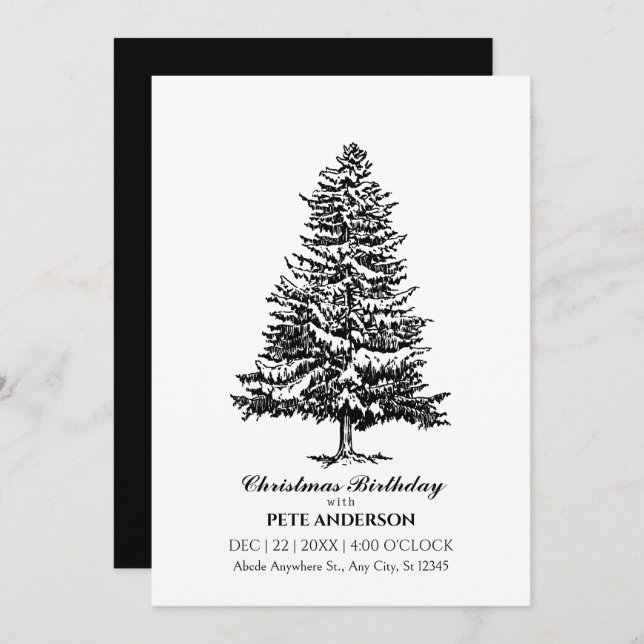 Simple Black and white christmas tree birthday Invitation (Front/Back)