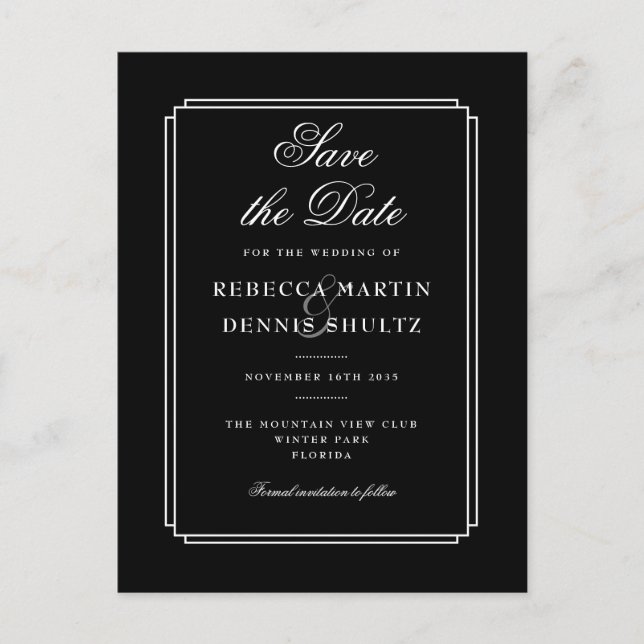 Simple Black and White Classic Deco Save the Date Announcement Postcard (Front)