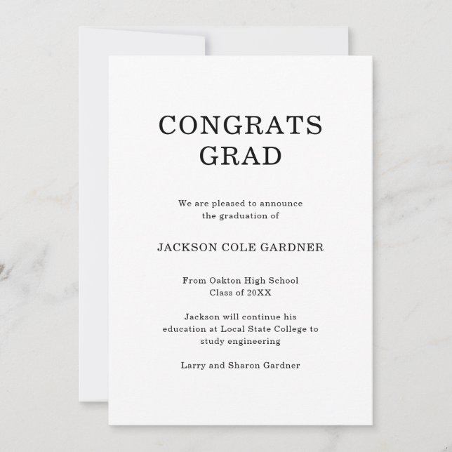 Simple Black and White Classic Graduation Announcement (Front)