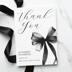 Simple Black and White Coquette Bow Graduation Thank You Card