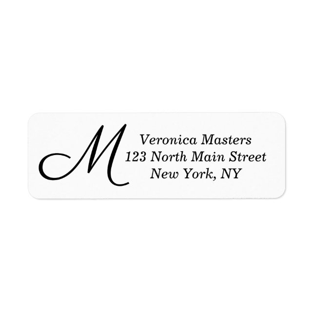 Simple Black and White Cursive Monogram Return Address Label (Front)