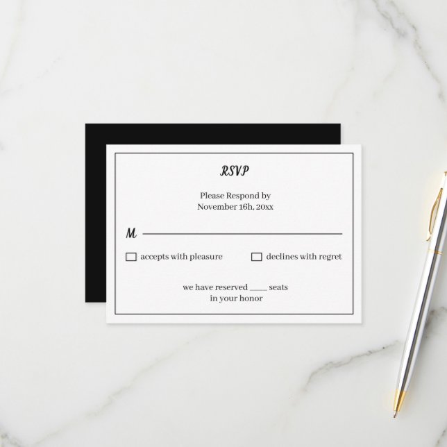 Simple Black and White Customised Wedding RSVP Card (Front/Back In Situ)