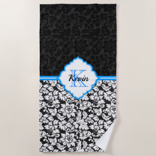 Simple Black And White Damask Beach Towel
