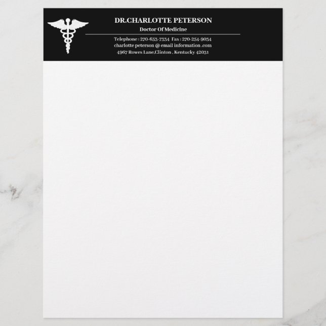 Simple Black And White Doctor  Custom Letterhead (Front)