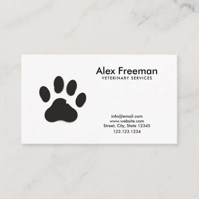Simple Black and White Dog Paw Veterinary Business Card (Front)