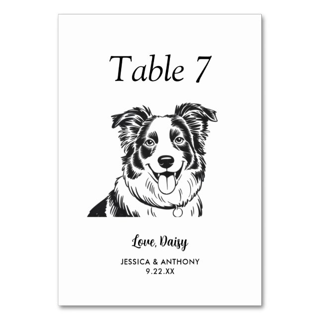 Simple Black and White Dog Wedding  Table Number (Front)