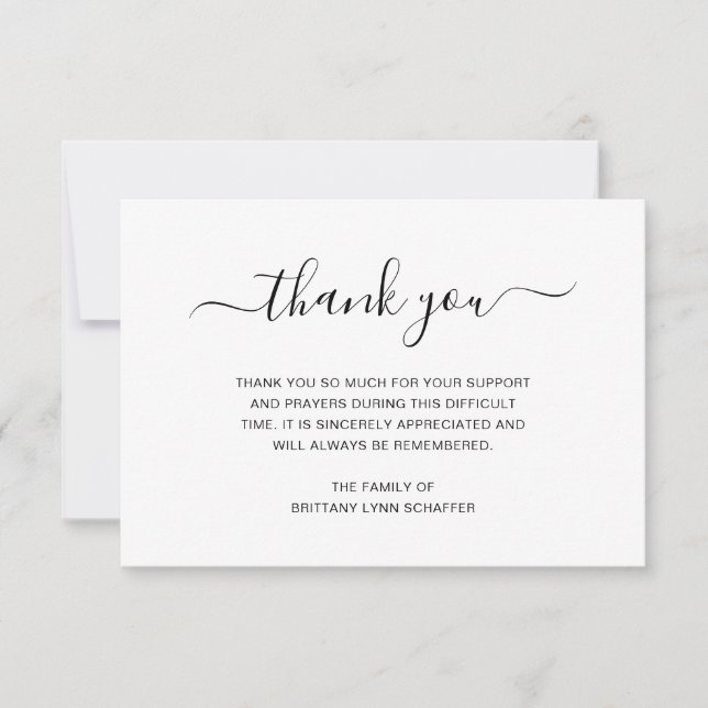 Simple Black and White Elegant Funeral Sympathy Thank You Card (Front)