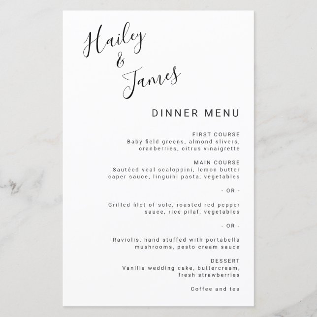 Simple Black and White Elegant Modern Wedding Menu (Front)