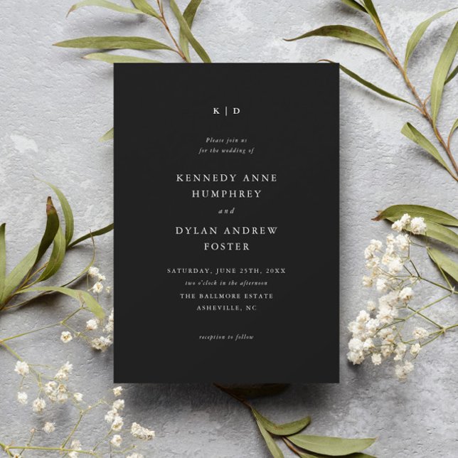 Simple Black and White Elegant Wedding Invitation (Simple black and white wedding invitation with formal monogram and minimalist typography.)
