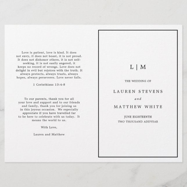 Simple Black and White Elegant Wedding Program (Front)