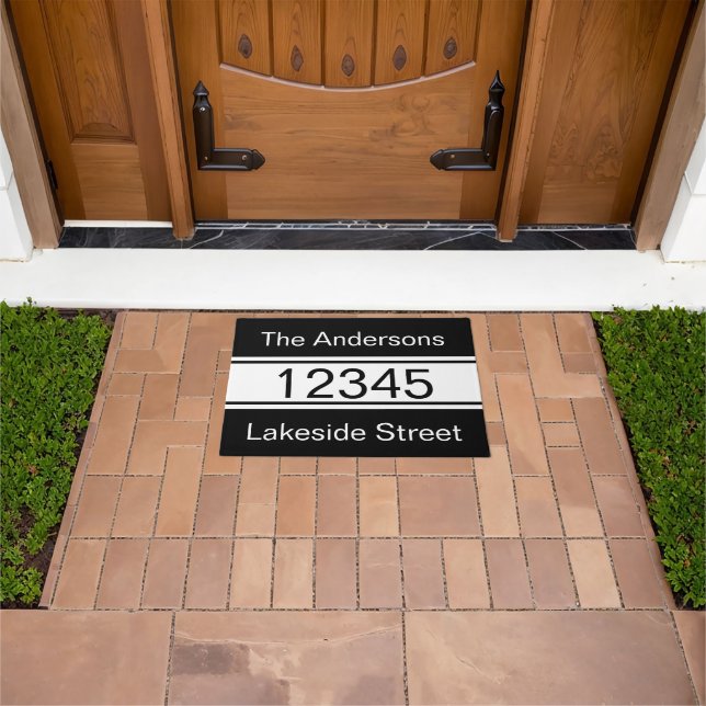 Simple Black and White Family Name Street Address  Doormat (Outdoor)
