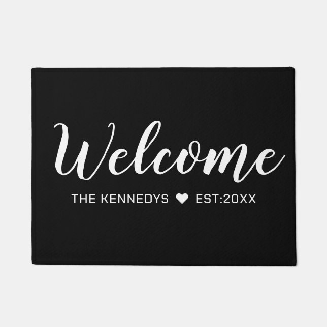 Simple Black And White Family Name Welcome Doormat (Front)