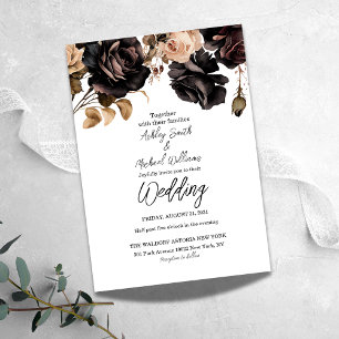 Simple Black and White Floral Dark Moody Wedding Invitation