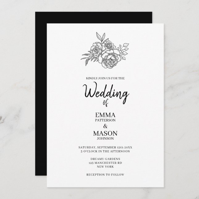 Simple Black and White Floral Outline Invitation (Front/Back)