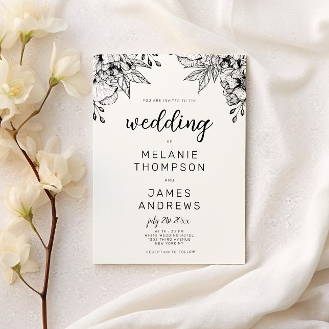 Simple black and white floral theme wedding invitation (Simple black and white floral theme wedding)