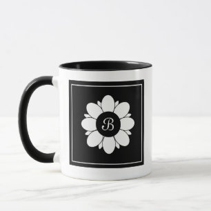 Simple Black and White Flower Design Initial Mug