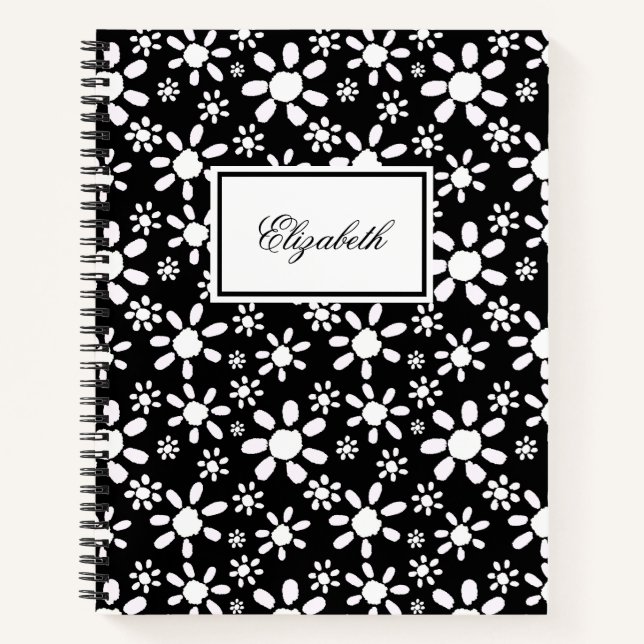 Simple Black and White Flowers Floral Pattern Notebook (Front)