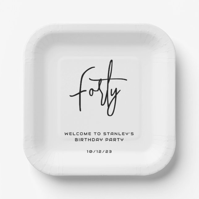Simple Black and White Forty Birthday Party Paper Plate (Front)