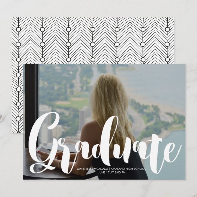 Simple Black and White Geometric Photo Graduation Announcement (Front/Back)