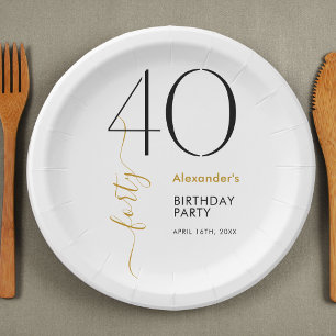 Simple Black and White Gold 40th Birthday Paper Plate