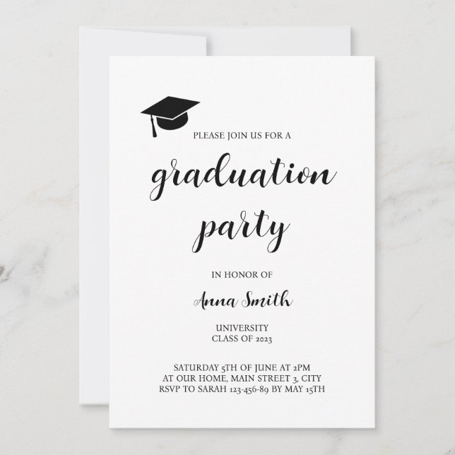 Simple Black and White Graduation Party Invitation (Front)