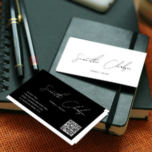 Simple Black and White Handwritten Script QR code Business Card