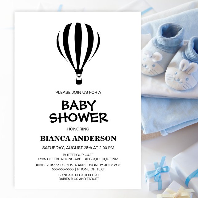 Simple Black and White Hot Air Balloon Baby Shower Invitation (Creator Uploaded)