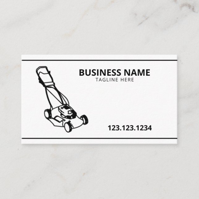 Simple Black and White lawnmower Lawn Care Service Business Card (Front)