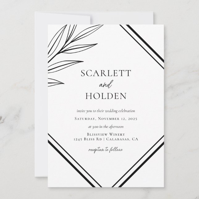 Simple Black and White Leaf Wedding Invitation (Front)