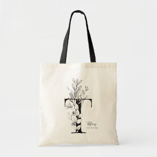 Simple Black and white letter T rustic floral Tote Bag