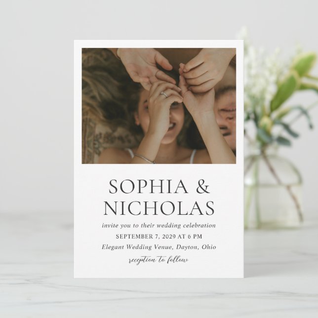 Simple Black and White Modern Photo Wedding Invitation (Standing Front)