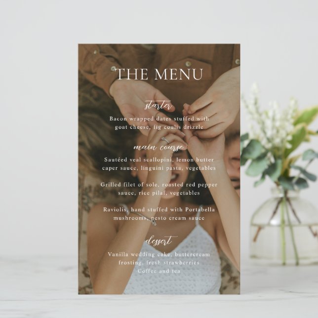 Simple Black and White Modern Photo Wedding Menu (Standing Front)