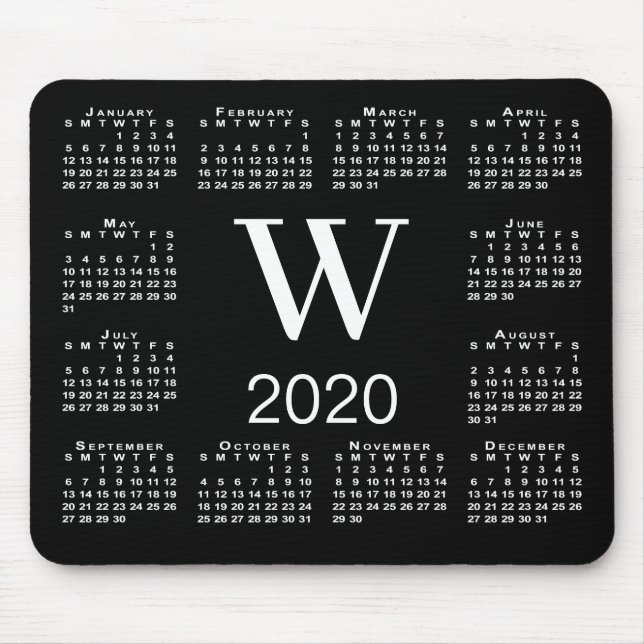Simple Black and White Monogram 2020 Calendar Mouse Pad (Front)