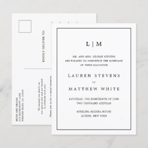 Simple Black and White Monogram Elegant Wedding Announcement Postcard