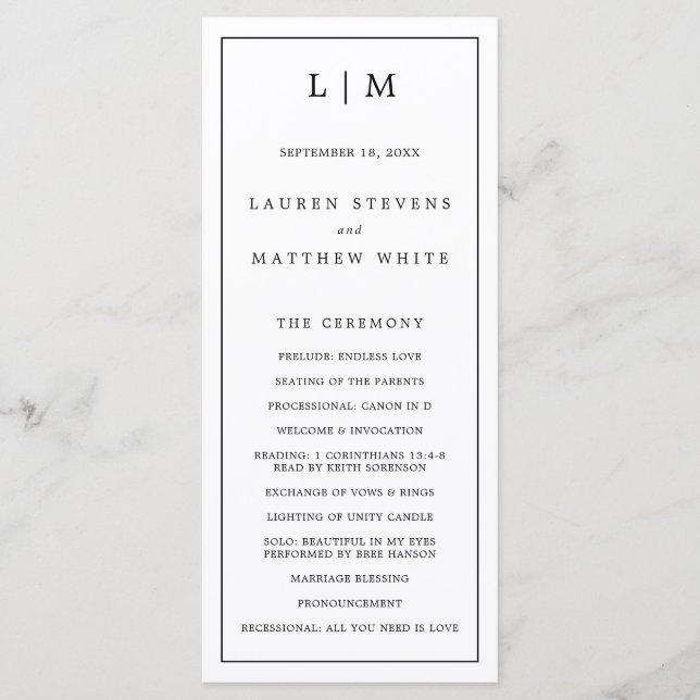 Simple Black and White Monogram Elegant Wedding Program (Front)