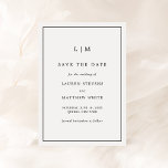 Simple Black and White Monogram Elegant Wedding Save The Date<br><div class="desc">Simple save the date card featuring a modern yet elegant design with your two letter monogram at the top and your wedding details surrounded by a thin border. All text is in black, over a white background and the backside is solid black. The fonts and background colours may be changed...</div>