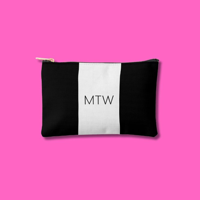 Simple Black and White Monogram Initials Stripes Accessory Pouch (Creator Uploaded)