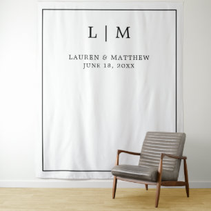 Simple Black and White Monogram Wedding Backdrop Tapestry